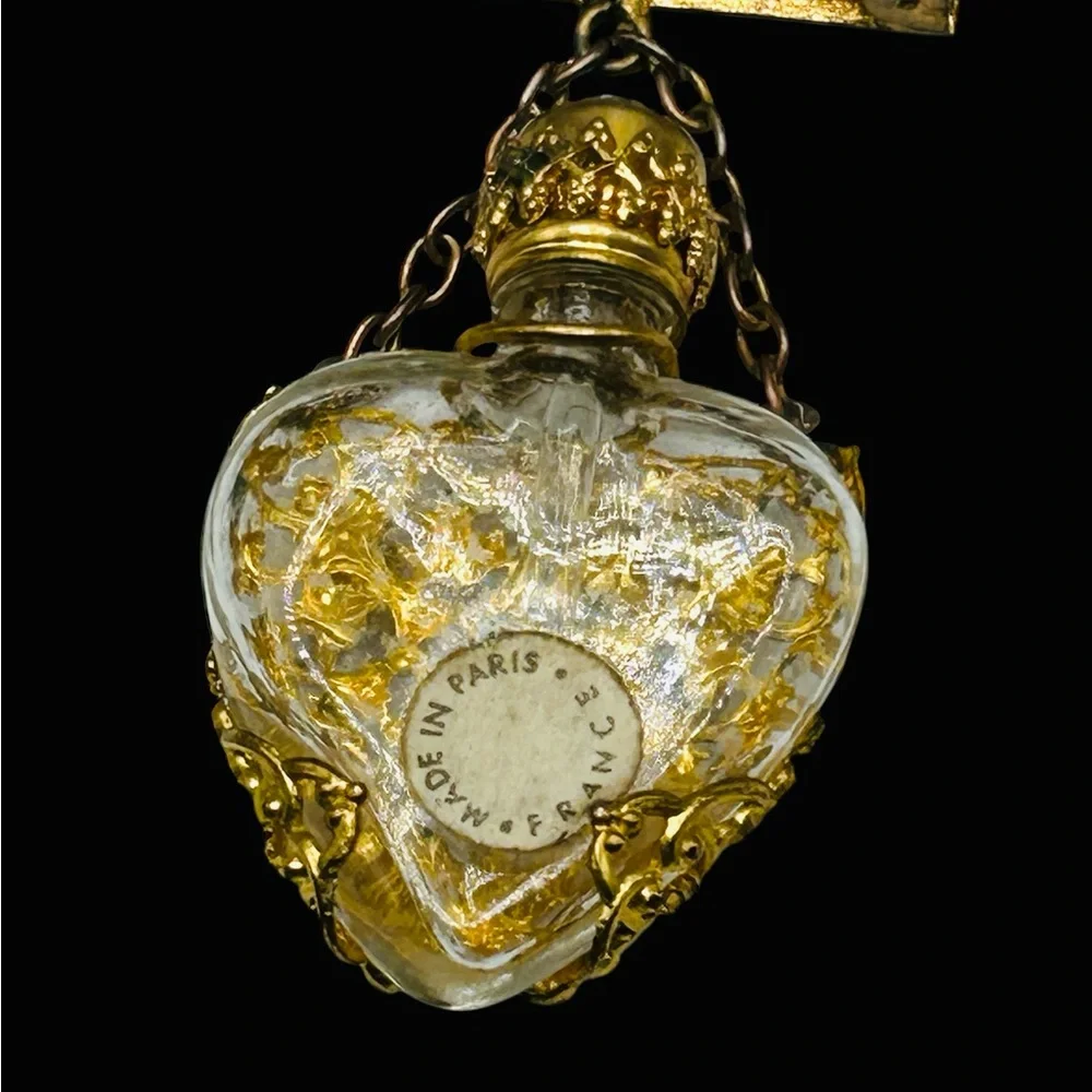 Vintage French Miniature Perfume Bottle Brooch Gold Gilt Ormolu